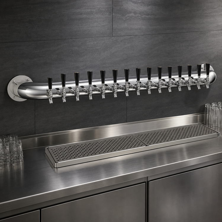Product image #3 for Glastender Pipe Wall Draft Dispensing Tower, 14 Faucets, Wall Mount, Air Cooled, Mirror Finish