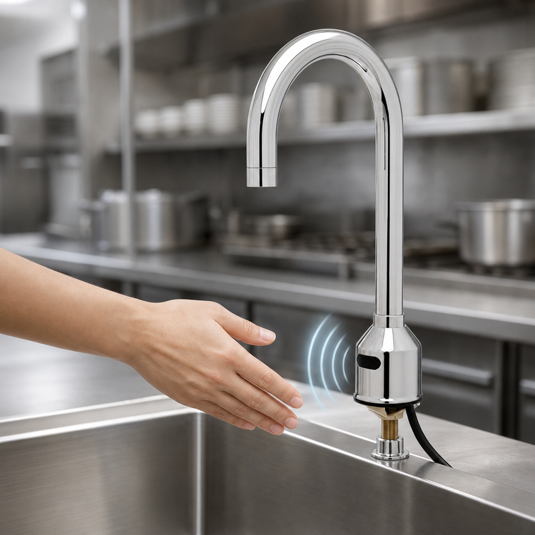 Product image #3 for Low-Lead Touchless Electronic Sensor Faucet, Deck Mount, Single-Hole, Rigid Gooseneck, 0.5 GPM, Chrome-Plated Brass