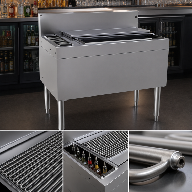 Product image #3 for Glastender 30-Inch Underbar Stainless Steel Combo Ice Bin/Cocktail Unit with Left 3-Bottle Storage and 10-Circuit Cold Plate