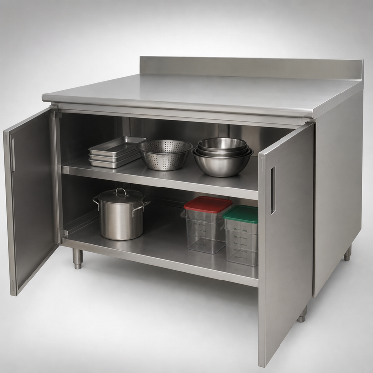 Product image #3 for Advance Tabco Enclosed Work Table with Cabinet Base and Hinged Doors, 120"W x 30"D, 14 Gauge 304 Stainless Steel Top, 5" Backsplash