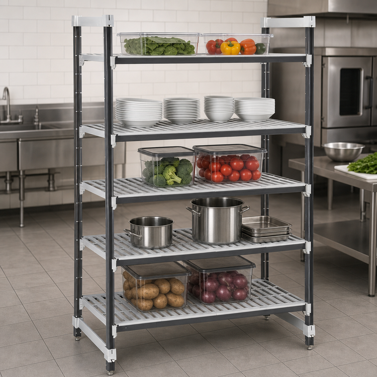 Product image #3 for Cambro Camshelving Elements XTRA 5-Tier Stationary Starter Unit, 24 x 72 x 64 Inches, Vented Polymer Shelving, Speckled Gray