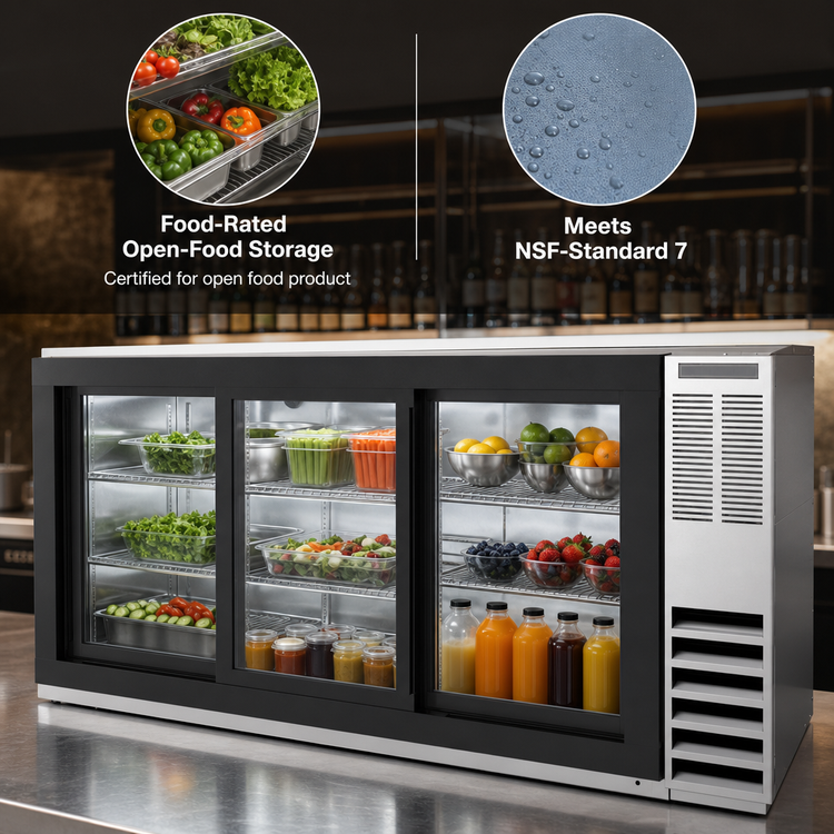 Product image #3 for Beverage-Air BB72HC-F-GS-S 72 Inch Three-Section Food-Rated Stainless Steel Back Bar Refrigerator with Sliding Glass Doors