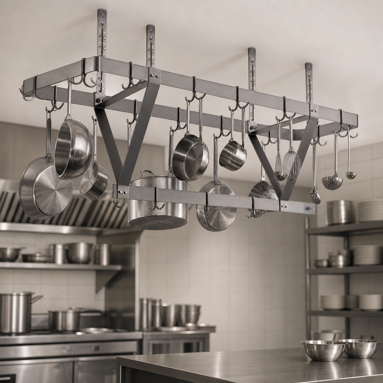 Product image #3 for Eagle Group 76-Inch Ceiling-Mounted Triple-Bar Aluminum Pot Rack with 21 Double-Pronged Hooks