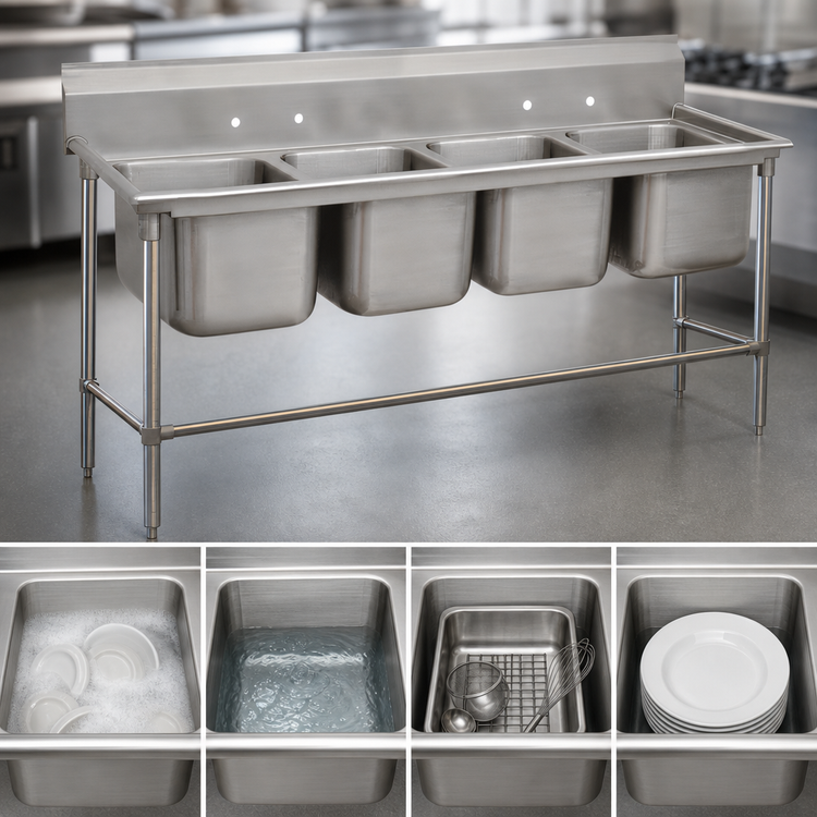 Product image #3 for Advance Tabco Regaline 4-Compartment Deep Drawn Sink with 16 x 20-Inch Bowls, 14-Gauge 304 Stainless Steel