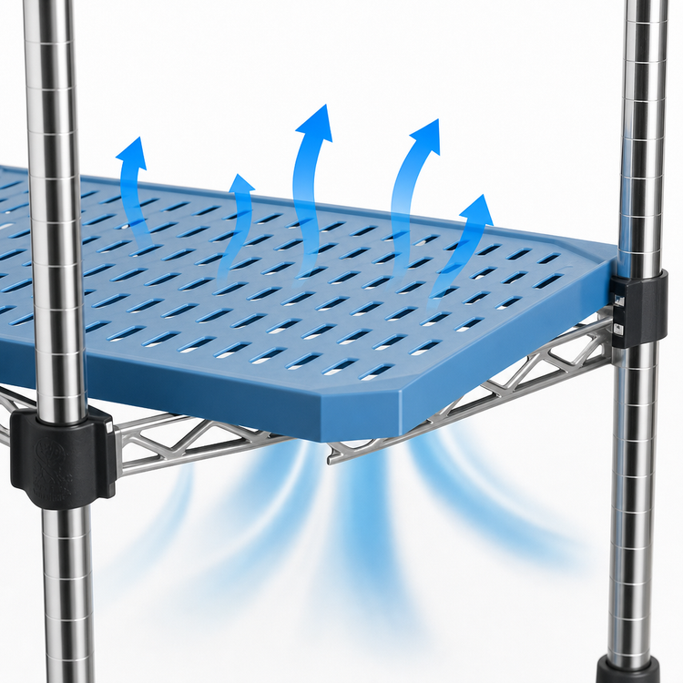 Product image #3 for Eagle Group QuadPlus 60"W x 18"D Blue Polymer Louvered Shelf Mat with MICROGARD Antimicrobial Protection and Chrome Quad-Adjust Frame