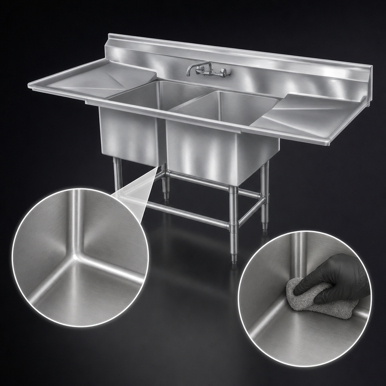 Product image #3 for Spec-Master FN Series Coved-Corner Two-Compartment Stainless Steel Sink with 24-Inch Left and Right Drainboards