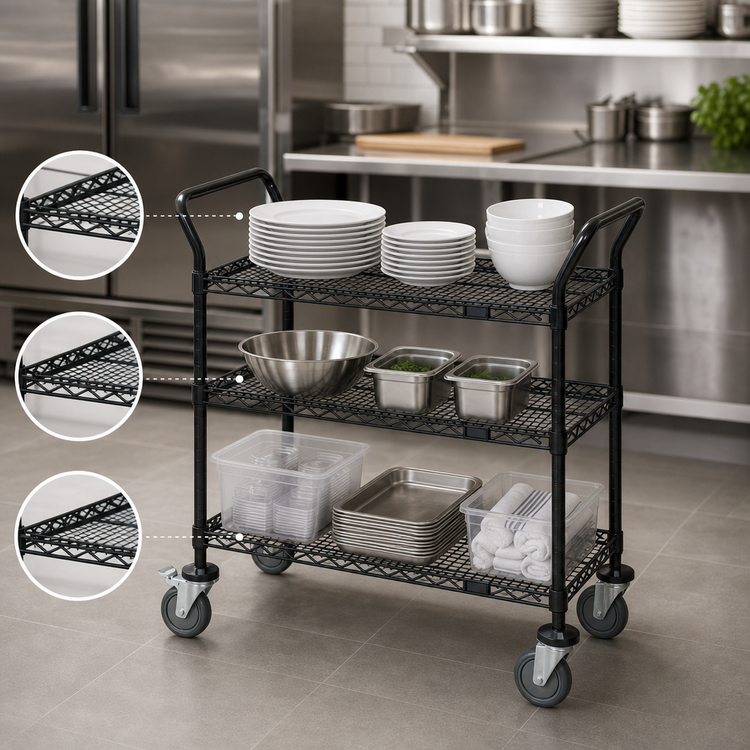 Product image #3 for Quantum 36 x 24 x 37-1/2 in. Black Epoxy Antimicrobial 3-Shelf Wire Utility Cart