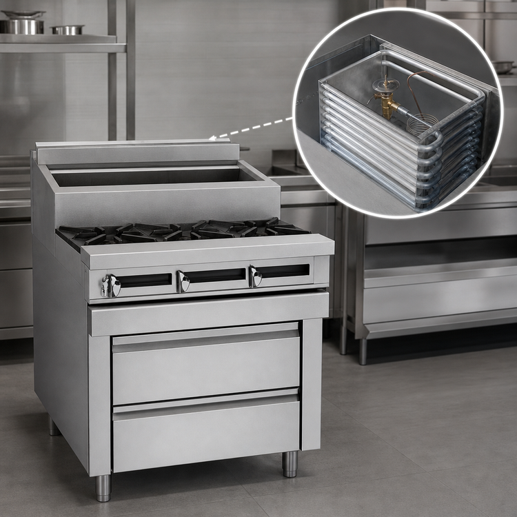 Product image #3 for Titan JMSS-03-T-36 Fire & Ice 36 Inch Gas Sauté Station with 3 Open Burners and Refrigerated Rail