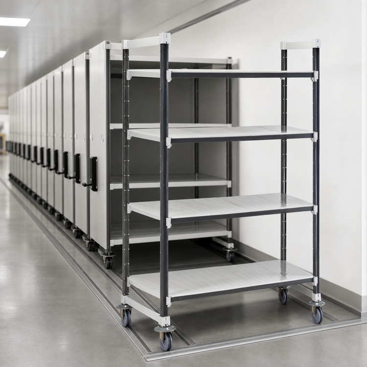 Product image #3 for Cambro Camshelving Elements XTRA High Density Mobile Starter Unit, 21-Inch x 42-Inch x 78-1/4-Inch, 4-Shelf Solid, Speckled Gray