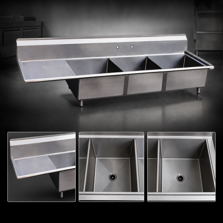 Product image #3 for Omcan 3-Compartment Pot Sink with Left Drainboard, 18" Bowls, 304 Stainless Steel