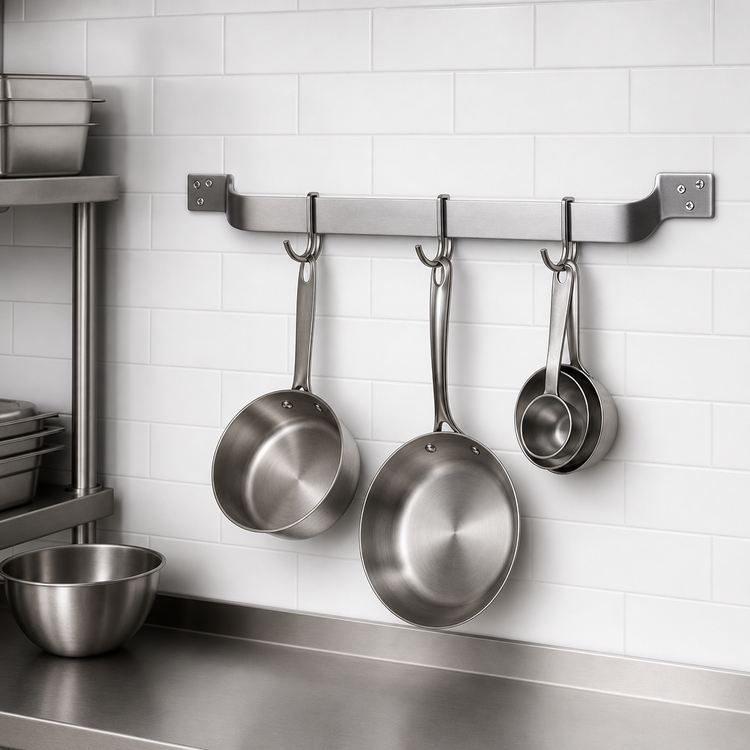 Product image #3 for Eagle Group 36-Inch Wall-Mount Single-Bar Stainless Steel Pot Rack with 3 Double-Prong Hooks