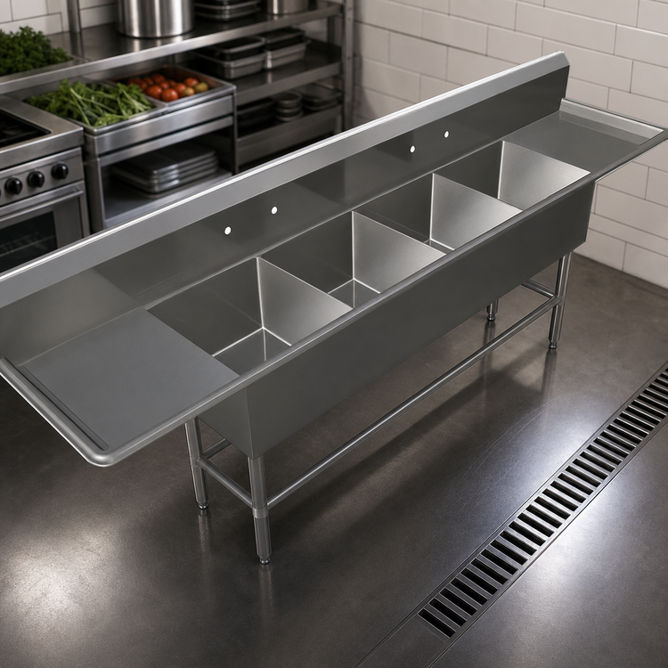Product image #3 for John Boos Pro-Bowl 4-Compartment Stainless Steel Sink with Left and Right 24-Inch Drainboards, 123-1/4 Inch W x 23-1/2 Inch D