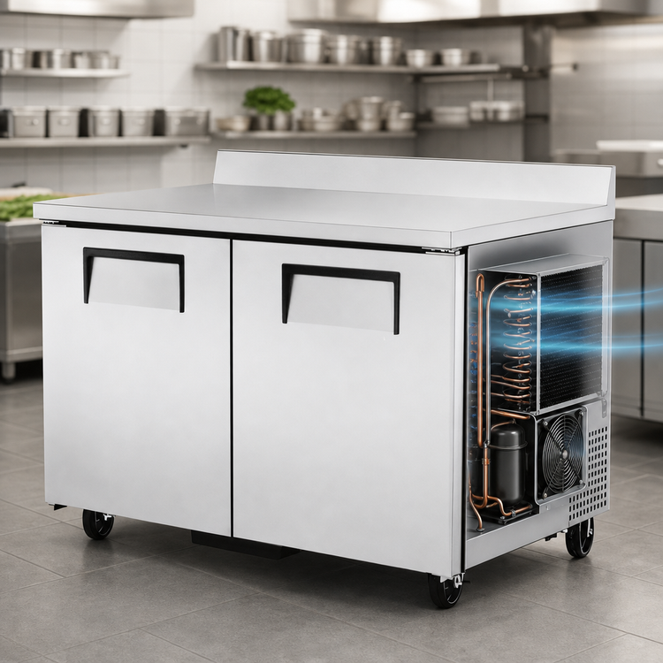 Product image #3 for True 48-Inch Two-Section Stainless Steel Worktop Freezer with Solid Doors and Rear-Mounted Self-Contained Refrigeration