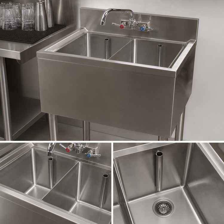 Product image #3 for BK Resources 24-Inch Two-Compartment Stainless Steel Underbar Sink with Lead-Free Faucet, Basket Drains, and Overflow Standpipes
