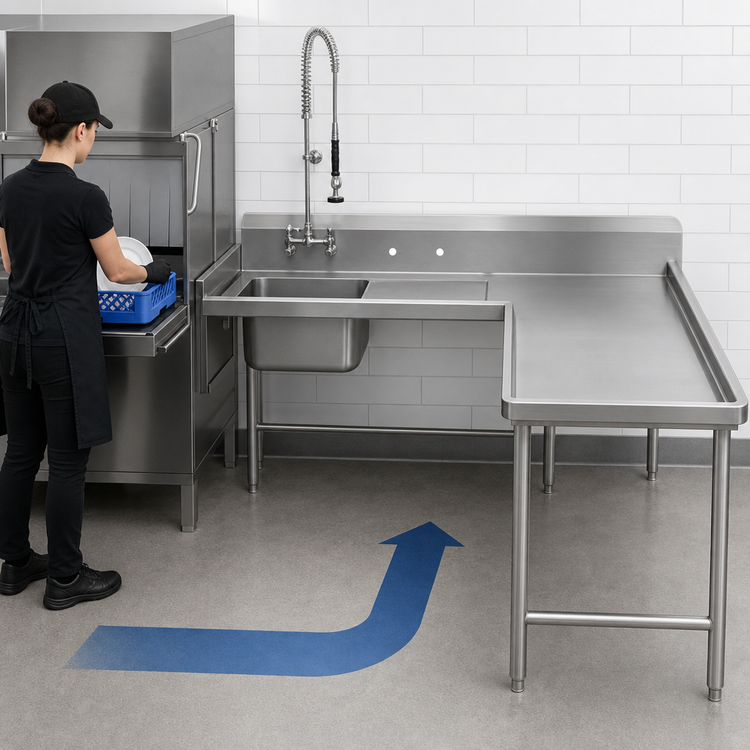 Product image #3 for Advance Tabco Island Soil L-Shaped Right-Hand Dish Table with Pre-Rinse Sink, 107-Inch, 16 Gauge 304 Stainless Steel
