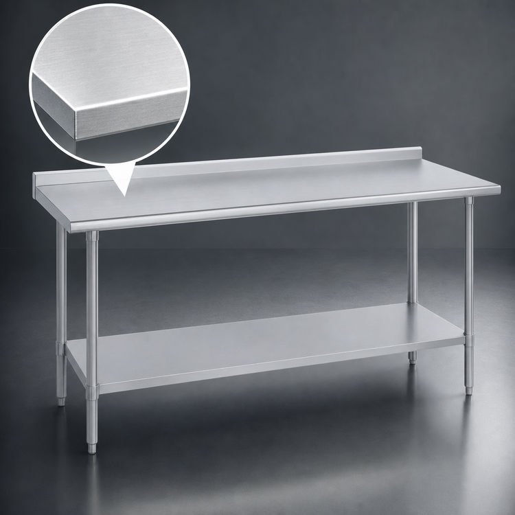 Product image #3 for Duke 108-Inch x 36-Inch 14-Gauge 300-Series Stainless Steel Work Table with 1-1/8-Inch Straight Riser