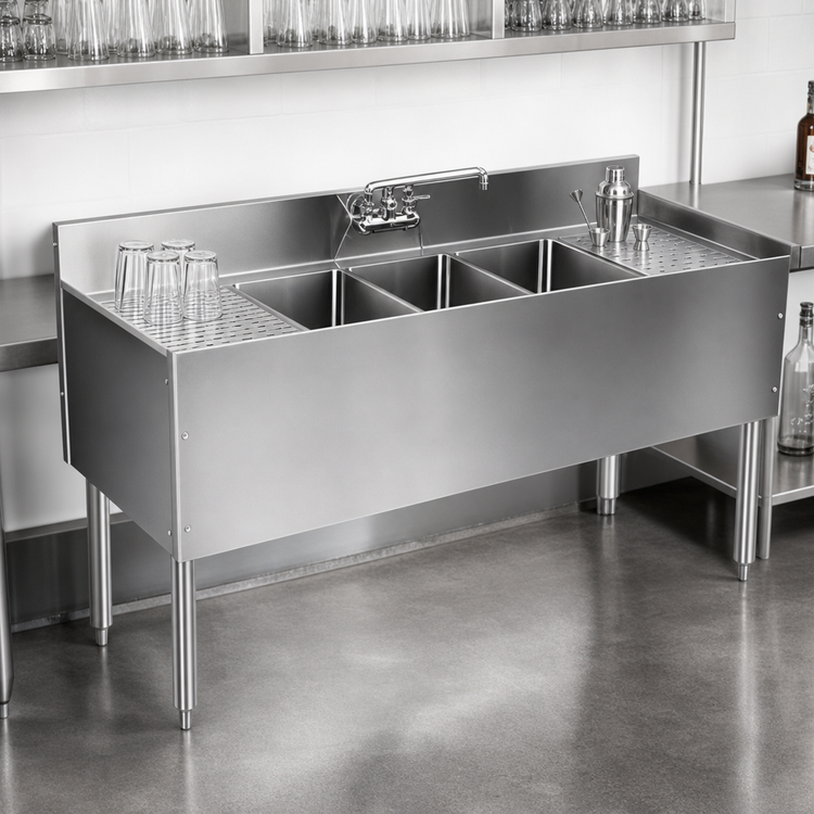 Product image #3 for CHOICE 84-Inch Three Compartment Underbar Sink Unit with Dual Drainboards, 19-Inch Deep