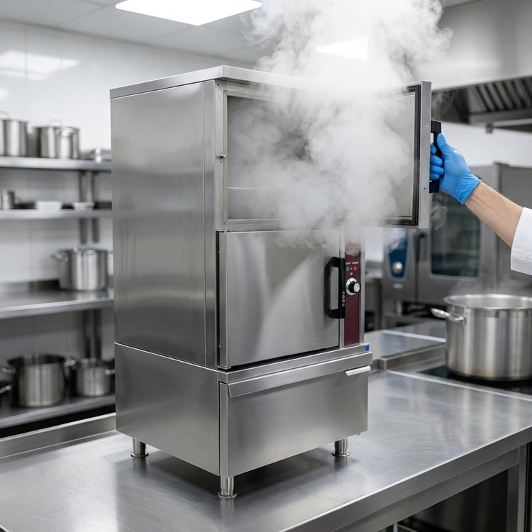 Product image #2 for Crown DCX-10-36 Two Compartment Full-Size Direct Steam Convection Steamer with Cabinet Base