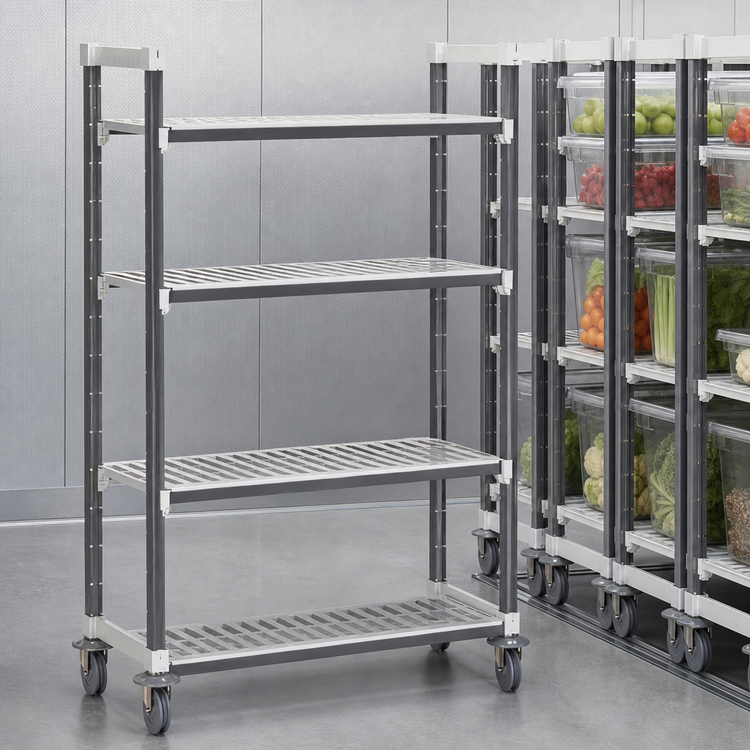 Product image #3 for Cambro Camshelving Elements XTRA High Density 4-Shelf Mobile Starter Unit, 21 x 60 x 78-1/4 Inches, Vented Shelves, Speckled Gray