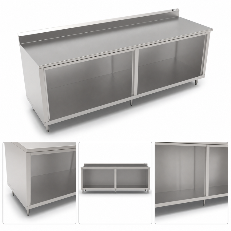 Product image #3 for John Boos 144-Inch Cabinet Base Work Table with Open Front, 16/300 Stainless Steel Top and 5-Inch Backsplash