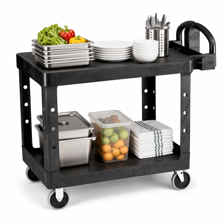 Product image #3 for Rubbermaid Commercial Flat Shelf 2-Shelf Utility Bus Cart, Black, 500 lb Capacity Per Shelf