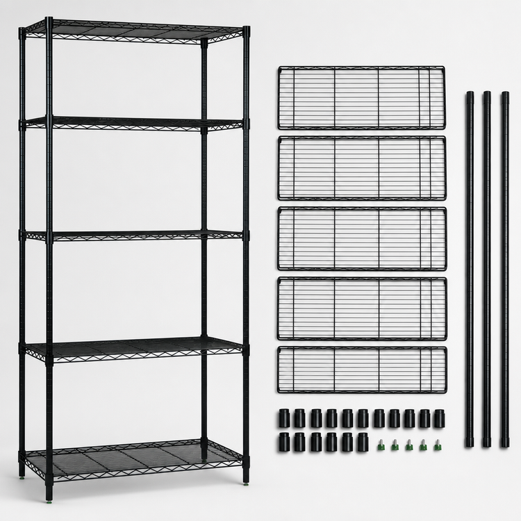 Product image #3 for Quantum Stationary Wire Shelving Starter Kit, 48"W x 14"D x 86"H, Black Epoxy Antimicrobial Finish, 5 Shelves