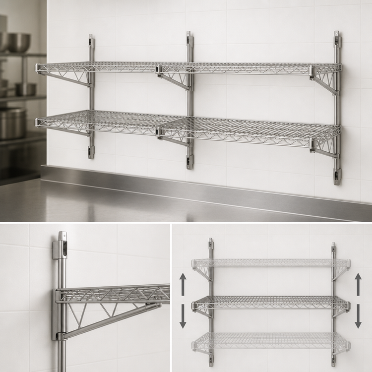Product image #3 for Advance Tabco Special Value Series 2-Tier Adjustable Wall-Mount Wire Shelving Post and Brackets for 18-Inch Deep Shelves