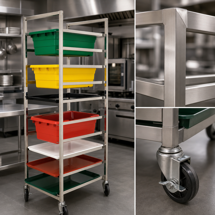 Product image #3 for Full-Size Mobile Universal Pan/Lug Rack, Stainless Steel, 10 Slides, 6-Inch Spacing