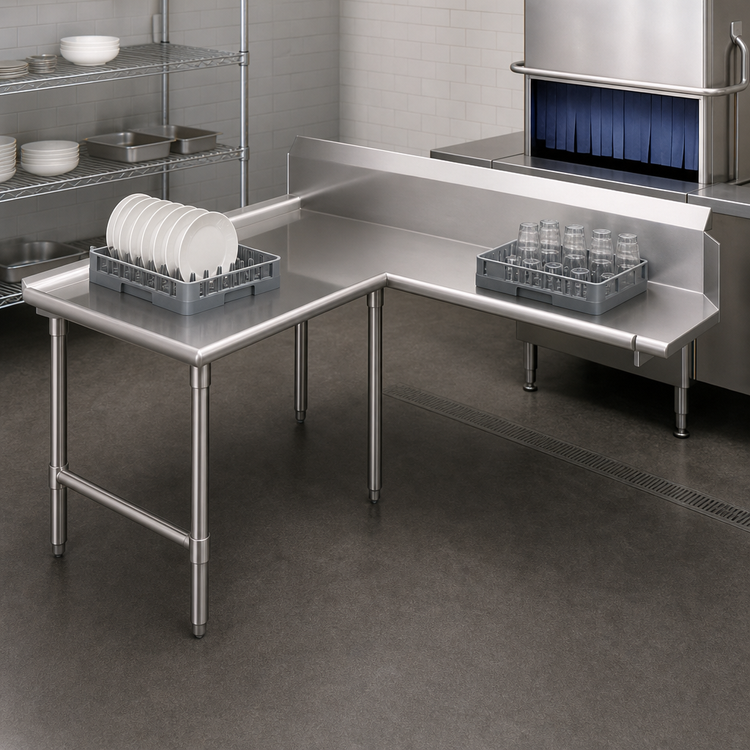 Product image #3 for John Boos Pro-Bowl L-Shaped Island Clean Dishtable with 10-Inch Backsplash, 60-Inch Machine-to-Corner x 144-Inch Corner-to-End, Right-to-Left Operation