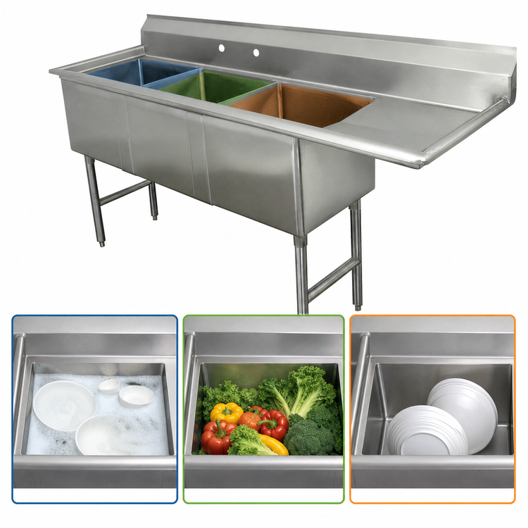 Product image #3 for Advance Tabco Special Value Series 3-Compartment Fabricated Sink with Right Drainboard, 18 x 18 x 14-Inch Bowls, 16-Gauge 304 Stainless Steel