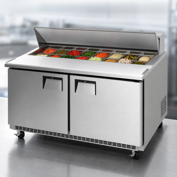 Product image #3 for Everest Refrigeration 59-1/8 Inch Two-Section Sandwich Prep Table with Rear-Mounted Self-Contained Refrigeration and 16-Pan Top