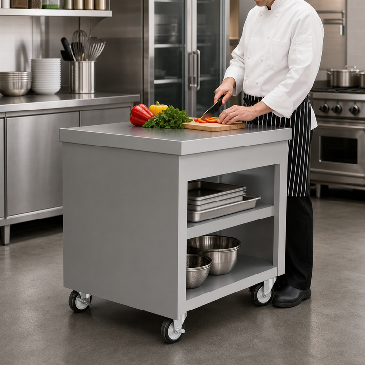 Product image #3 for Thurmaduke Solid Top Mobile Utility Counter with Stainless Steel Top and Undershelves, 32 x 32 x 36 Inches