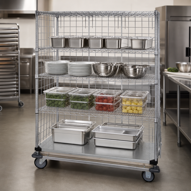 Product image #3 for Quantum Mobile Wire Enclosed Dolly Truck Cart with 4 Shelves, 48 x 24 x 80 Inches, Chrome Plated