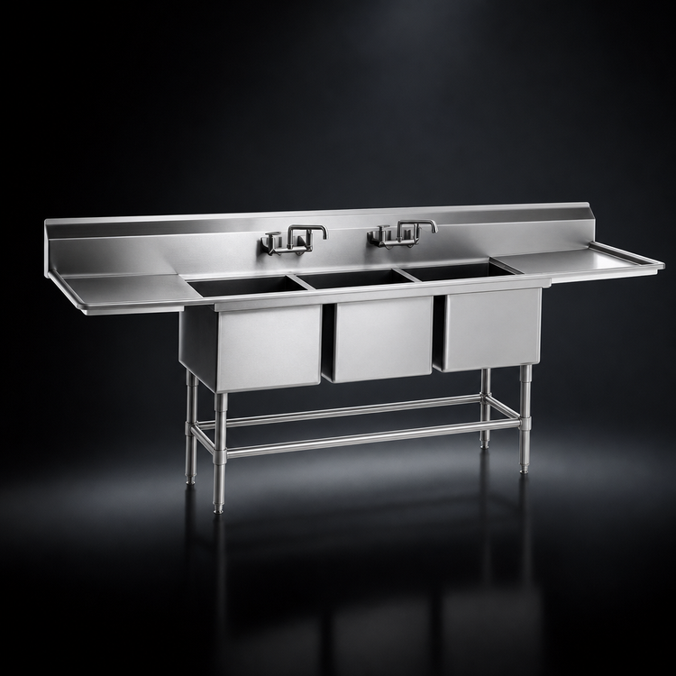 Product image #3 for Eagle Spec-Master FN Series Coved Corner 3-Compartment Stainless Steel Sink with Dual 24-Inch Drainboards