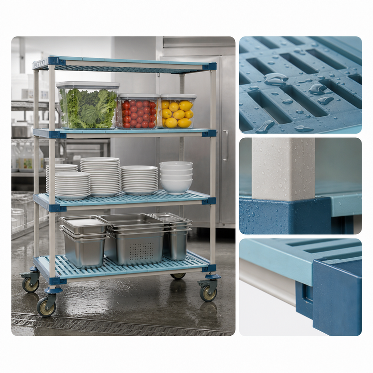 Product image #3 for MetroMax 4 4-Tier Mobile Polymer Shelving Unit with Open Grid Shelves, 60 x 18 x 68 Inches