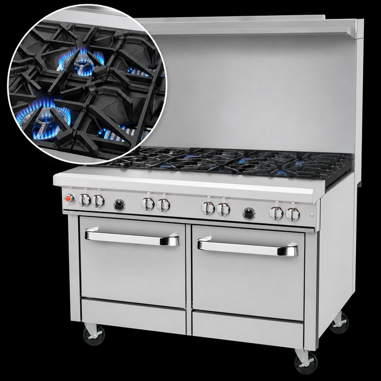 Product image #3 for Southbend Ultimate 48-Inch Commercial Gas Restaurant Range with 4 Open Burners, 24-Inch Charbroiler, Convection Oven, and Cabinet Base