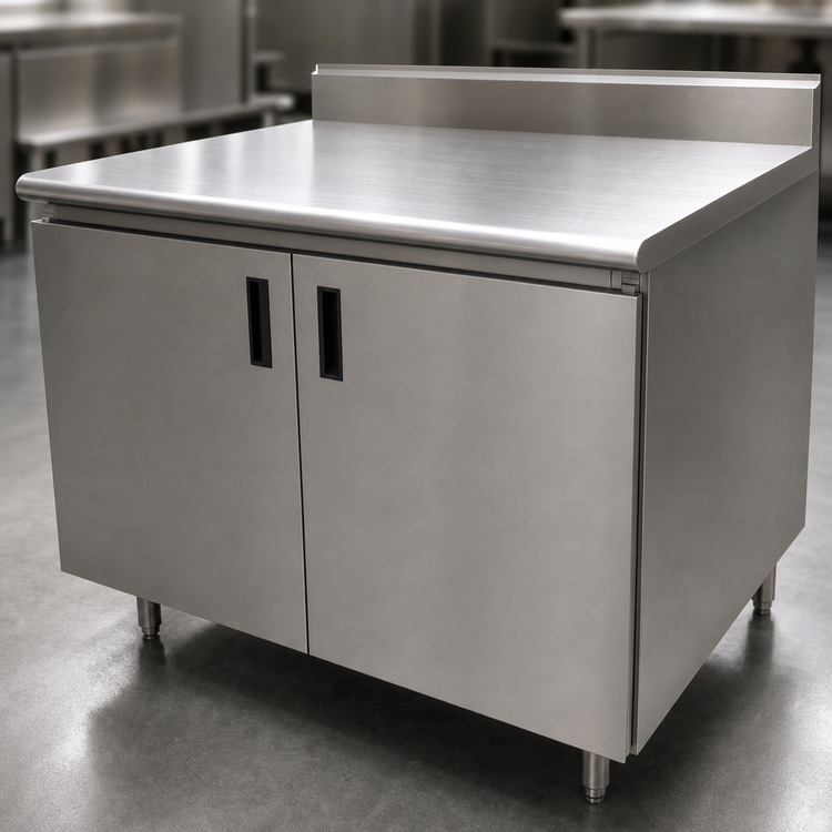 Product image #3 for Advance Tabco Special Value Series Enclosed Work Table with Cabinet Base and Hinged Doors, 84W x 30D, 16-Gauge 304 Stainless Steel Top