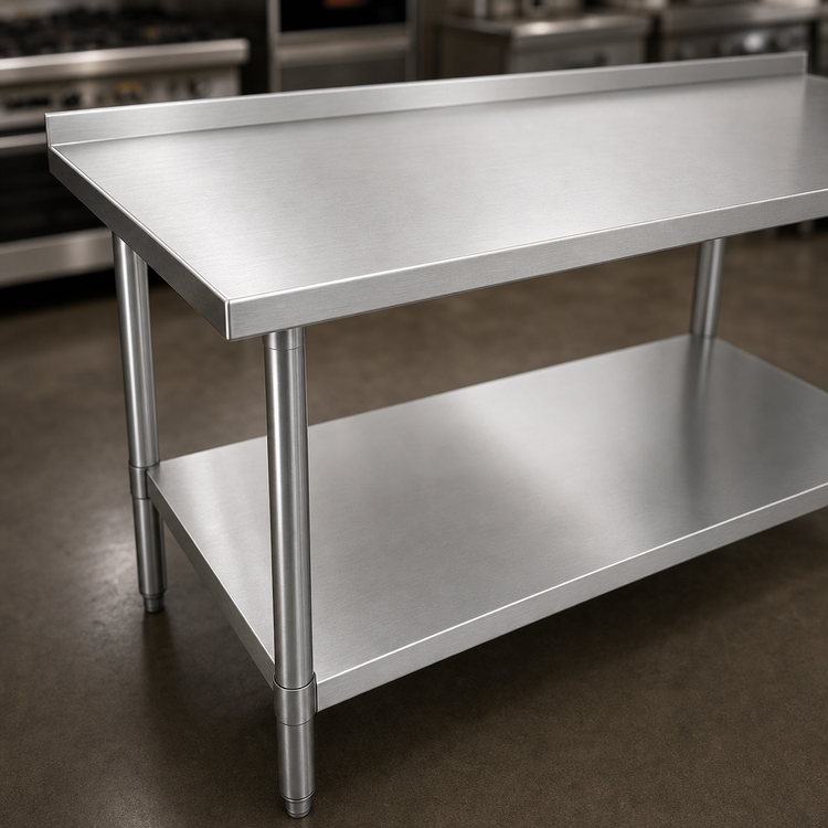 Product image #3 for John Boos Stallion 120 Inch x 24 Inch 16-Gauge Stainless Steel Work Table with 1-1/2 Inch Rear Up-Turn and Undershelf