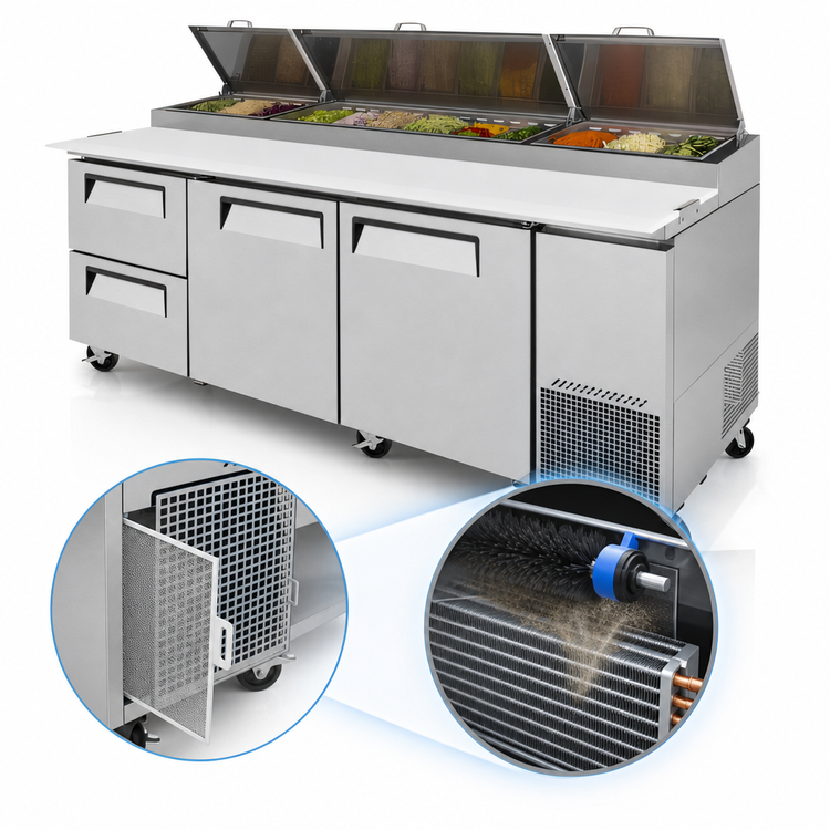 Product image #3 for Turbo Air Super Deluxe 93-Inch Three-Section Pizza Prep Table, 31 Cu. Ft., 2 Doors, 2 Drawers, Self-Cleaning Condenser