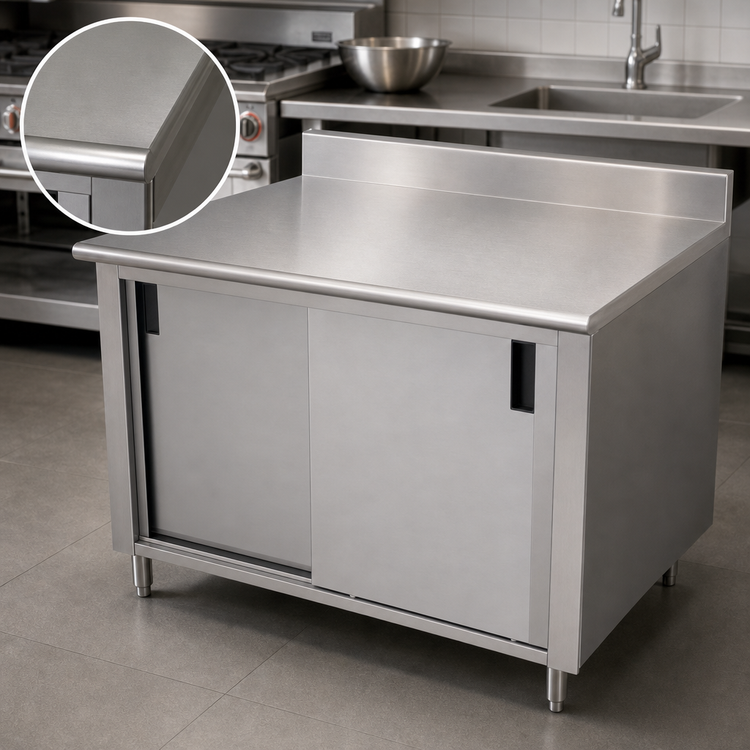 Product image #3 for Advance Tabco Enclosed Work Table with Cabinet Base, Mid-Shelf, Sliding Doors, 48 x 36 Inch, 14 Gauge 304 Stainless Steel Top, 5 Inch Backsplash