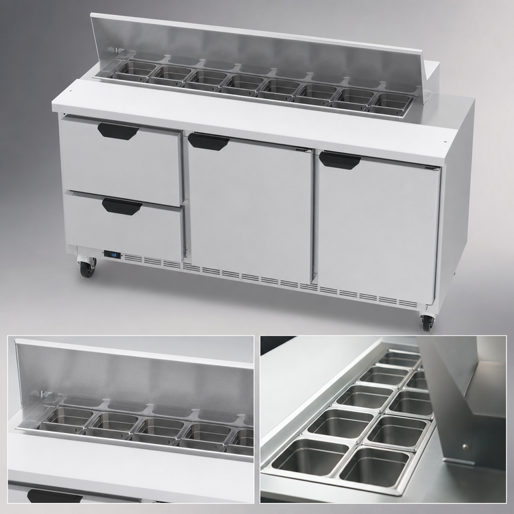 Product image #4 for Beverage-Air 72-Inch Three-Section Sandwich Top Refrigerated Prep Table with 8-Pan Opening, 2 Drawers, and 2 Doors