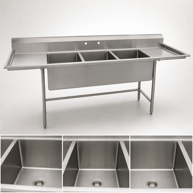 Product image #3 for Eagle Group S14 Series Three-Compartment Stainless Steel Sink with Left Drainboard, 89-1/2"W x 27"D