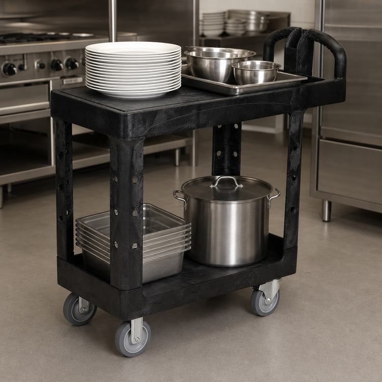 Product image #3 for Rubbermaid Commercial Products 2-Shelf Flat Shelf Utility Bus Cart, 500 lb. Per Shelf, Black