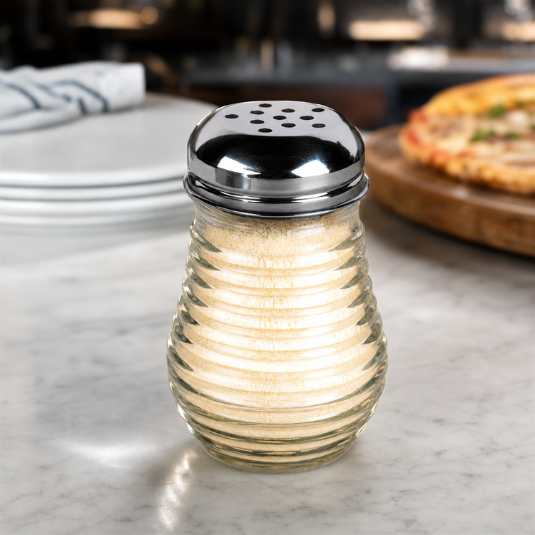 Product image #3 for American Metalcraft Clear 6 oz. Glass Beehive Cheese Shaker with Perforated Stainless Steel Top