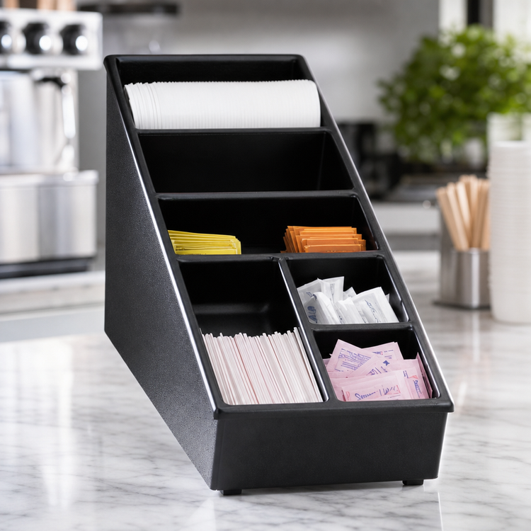 Product image #3 for Dispense-Rite Black Polystyrene Narrow 6-Section Lid, Straw & Condiment Organizer