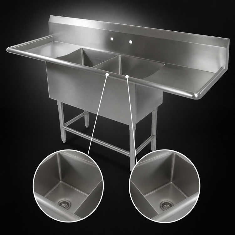 Product image #3 for John Boos Pro-Bowl 2-Compartment Stainless Steel Sink with Left & Right Drainboards, 24 x 24 x 12 Bowls, 99-1/4 Inch Wide