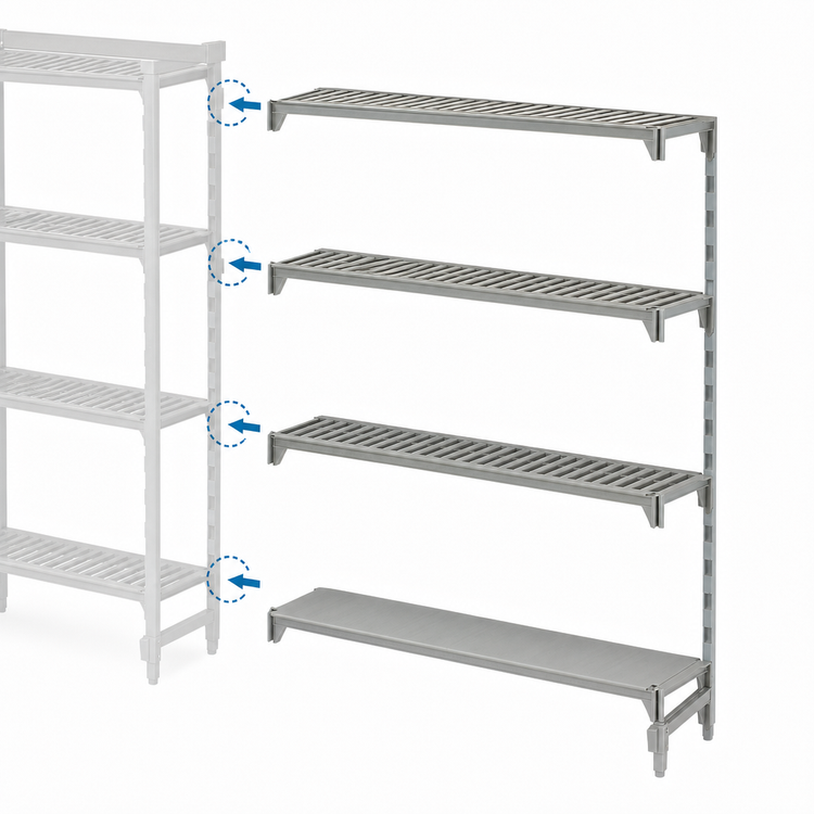 Product image #4 for Cambro Camshelving Premium 4-Tier Polymer Shelving Add-On Unit, 18" D x 54" W x 72" H, Vented & Solid, Speckled Gray