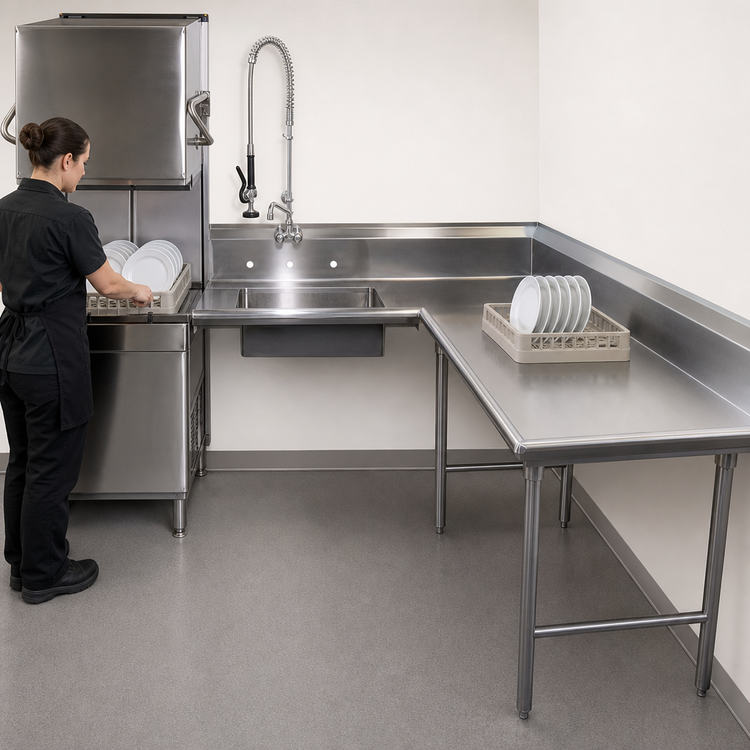 Product image #3 for Advance Tabco Korner-Soil 47-Inch Right-Hand L-Shaped Dish Table with Pre-Rinse Sink, 16 Gauge 304 Stainless Steel