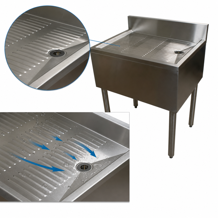 Product image #4 for BK Resources 18-Inch x 18-Inch Stainless Steel Freestanding Underbar Drain Board with Included Drain