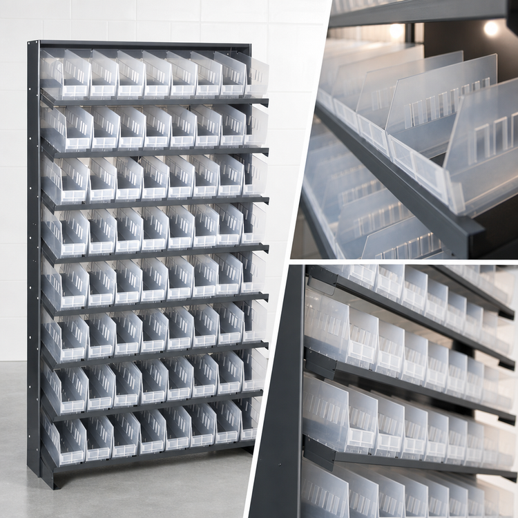 Product image #3 for Quantum Sloped Single-Sided Steel Pick Rack with 8 Shelves and 64 Clear Bins